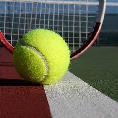 Tennis ball, tennis racket head on court